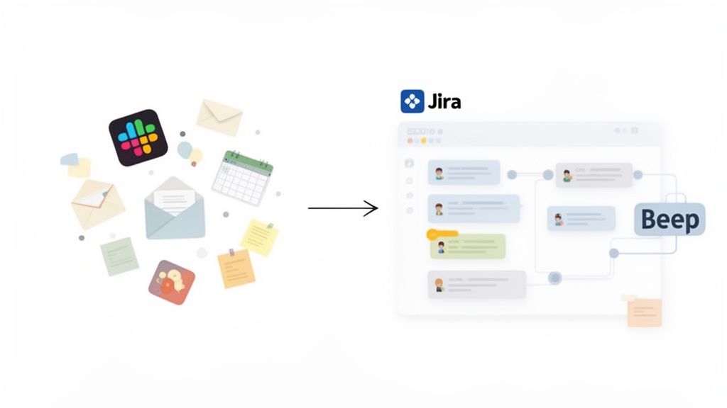 An illustration showing various communication sources and tasks integrating into a Jira workflow.