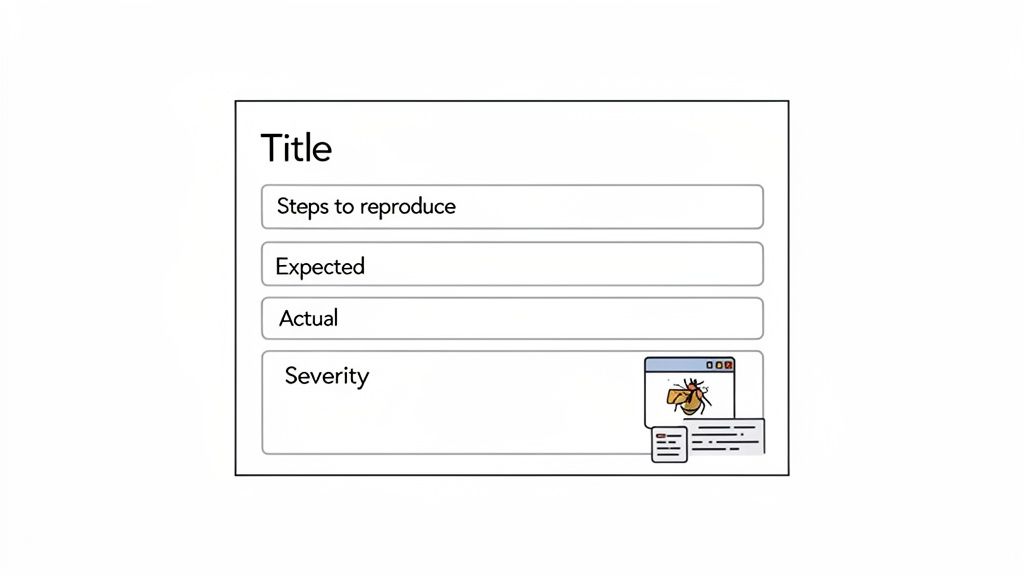 A bug report template featuring fields for title, steps, expected, actual, severity, and a bug illustration.