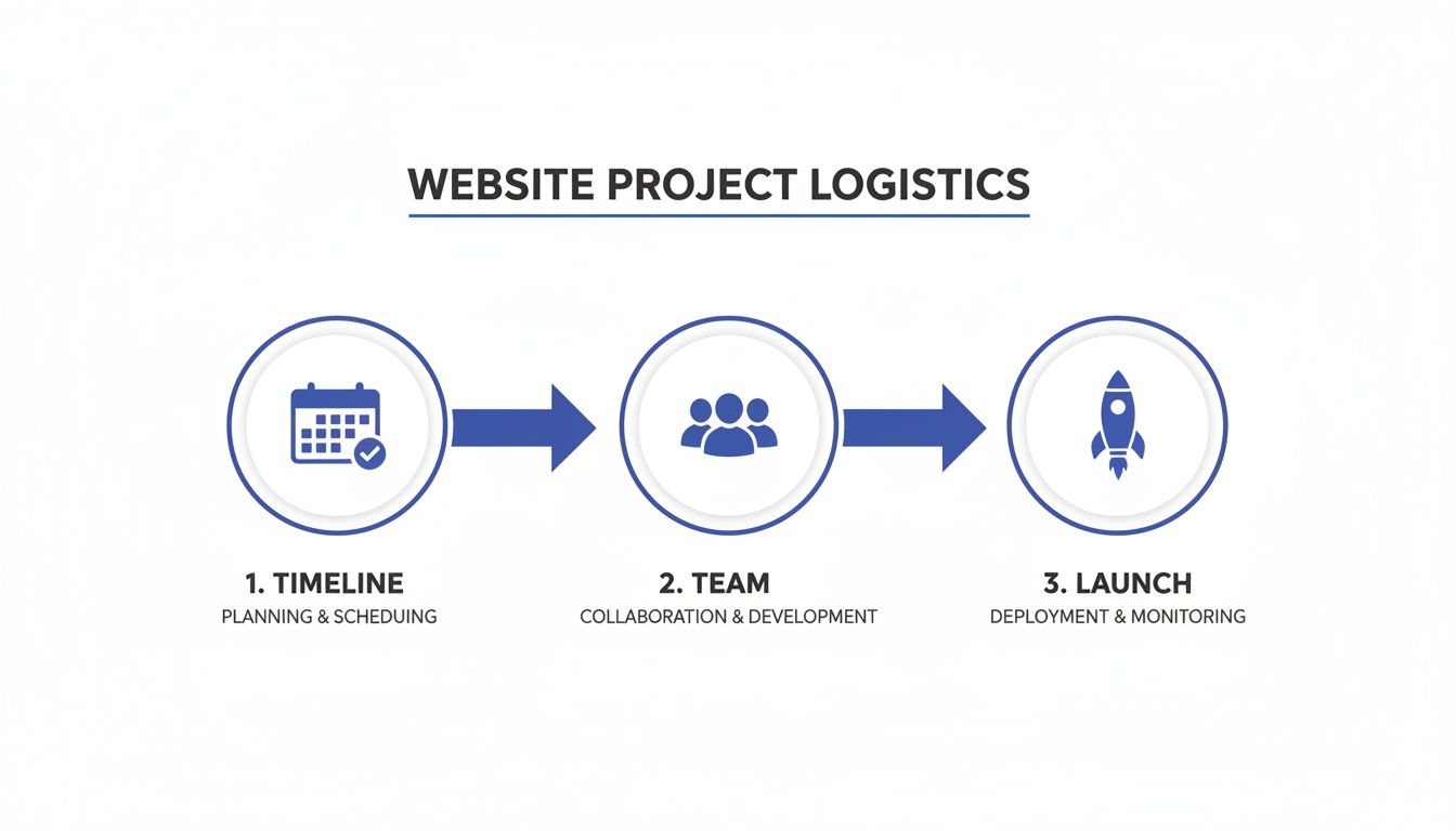 Infographic showing website project logistics: timeline, team, and launch, connected by arrows.