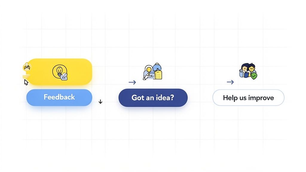 Flowchart showing a user feedback and idea submission process with three distinct steps.
