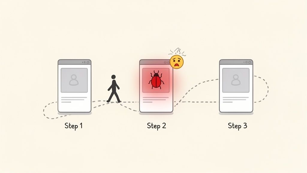 Illustration of a user journey encountering a software bug highlighted in red at step 2.
