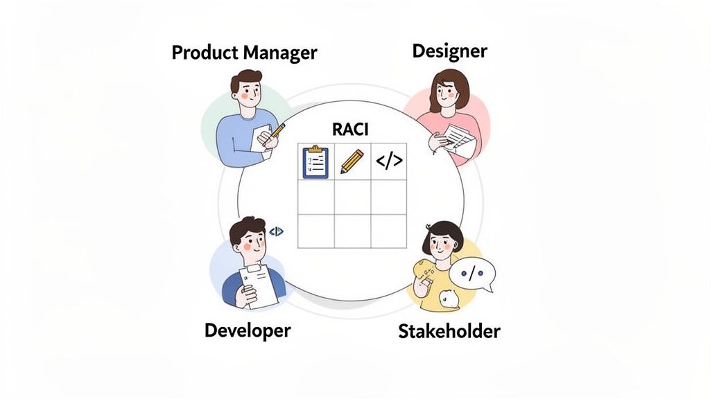 A RACI matrix diagram shows Product Manager, Designer, Developer, and Stakeholder roles in project management.