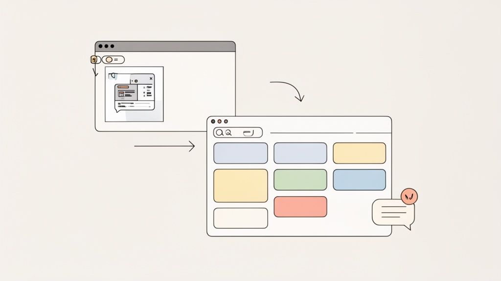 Two browser windows illustrate a web development project management and communication process.