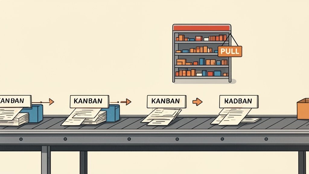 Illustration depicting a Kanban pull system on a conveyor belt with tasks moving towards a shelf.