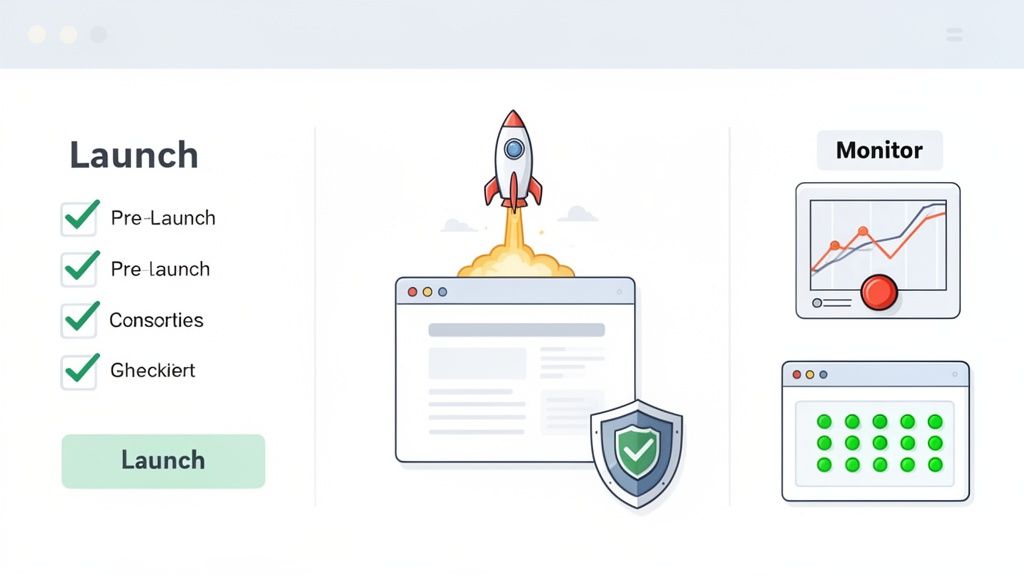 Illustration showing project launch steps: pre-launch checklist, a rocket launching from a browser, and monitoring tools with a graph and calendar.