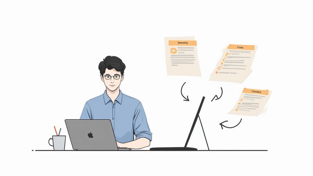 An illustration of a man working on a laptop with documents flowing around a monitor, depicting a workflow.