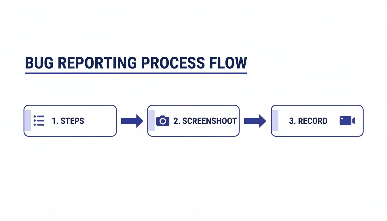 A flowchart illustrates the bug reporting process: 1. Steps, 2. Screenshot, 3. Record, showing a sequential workflow.