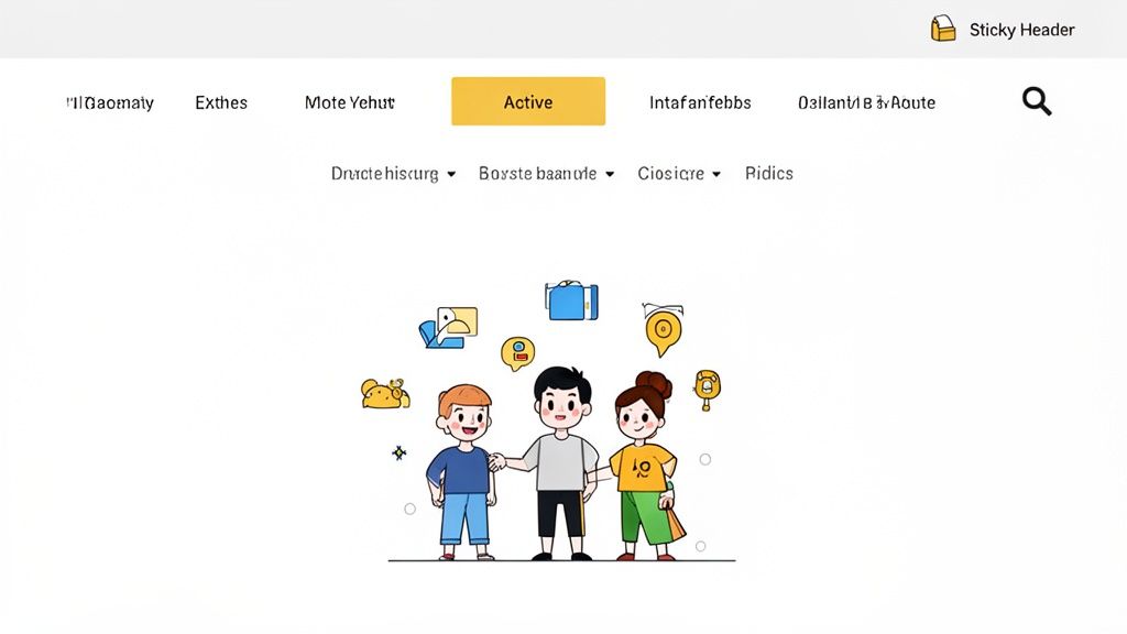 A website with a sticky header, navigation links, and an illustration of three children surrounded by travel icons.