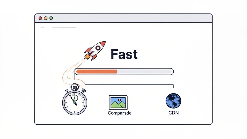 Illustration showing website speed optimization with a rocket, progress bar, stopwatch, image, and CDN.