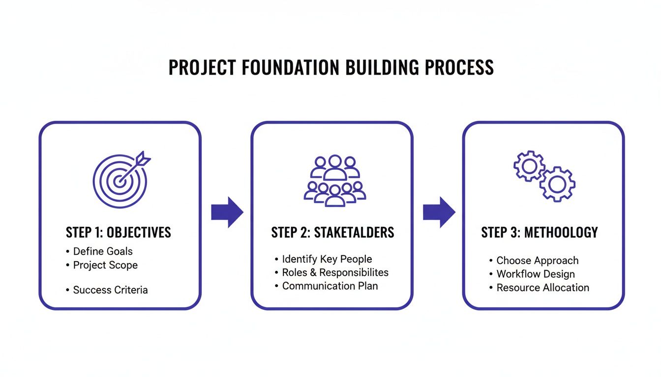 A diagram outlining the three steps of the project foundation building process: Objectives, Stakeholders, and Methodology.