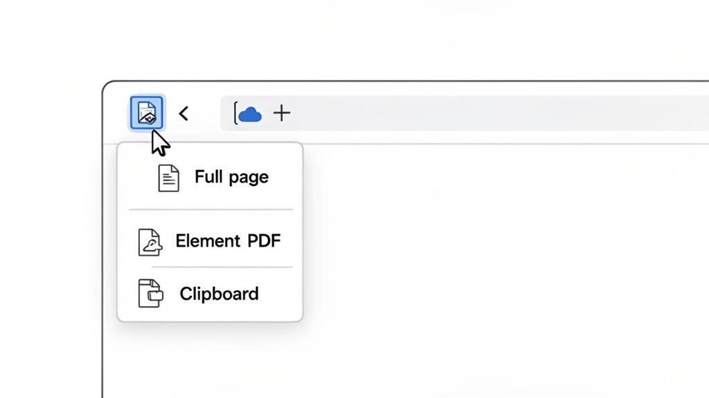 A browser showing a dropdown menu with options: Full page, Element PDF, and Clipboard, for capturing web content.