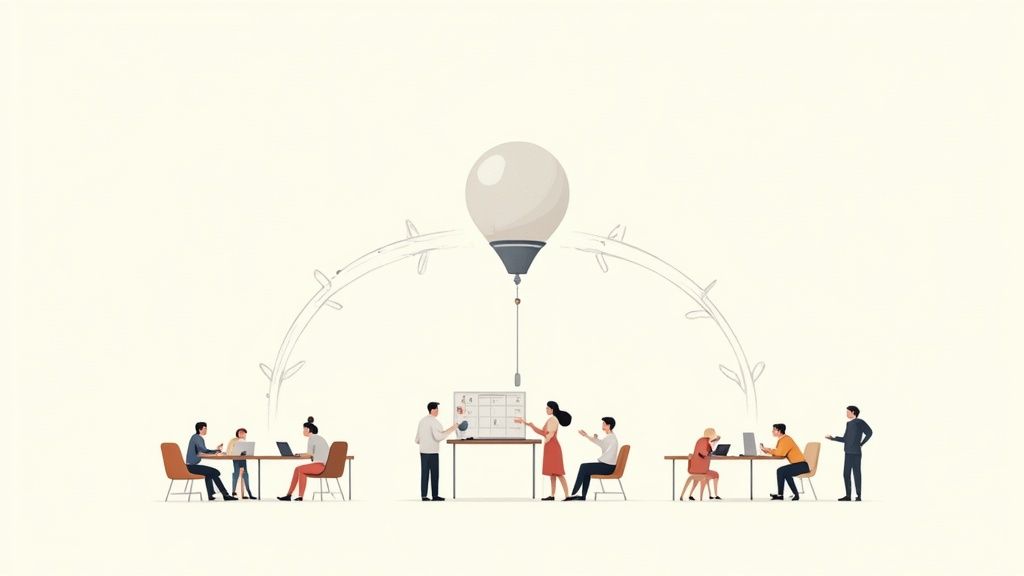 A diverse team collaborating around a table with laptops and documents, illustrating a modern, dynamic work environment.