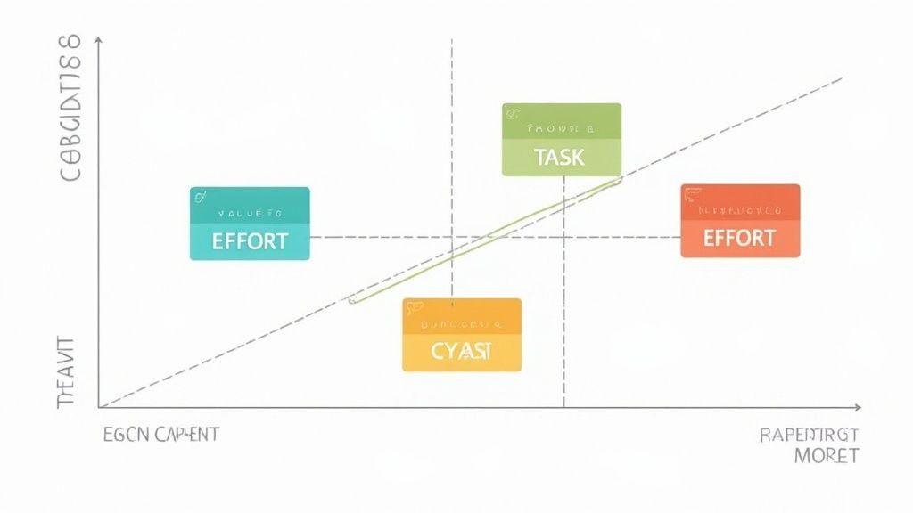 A 2D matrix chart categorizing tasks by effort and value, with four colored quadrants.