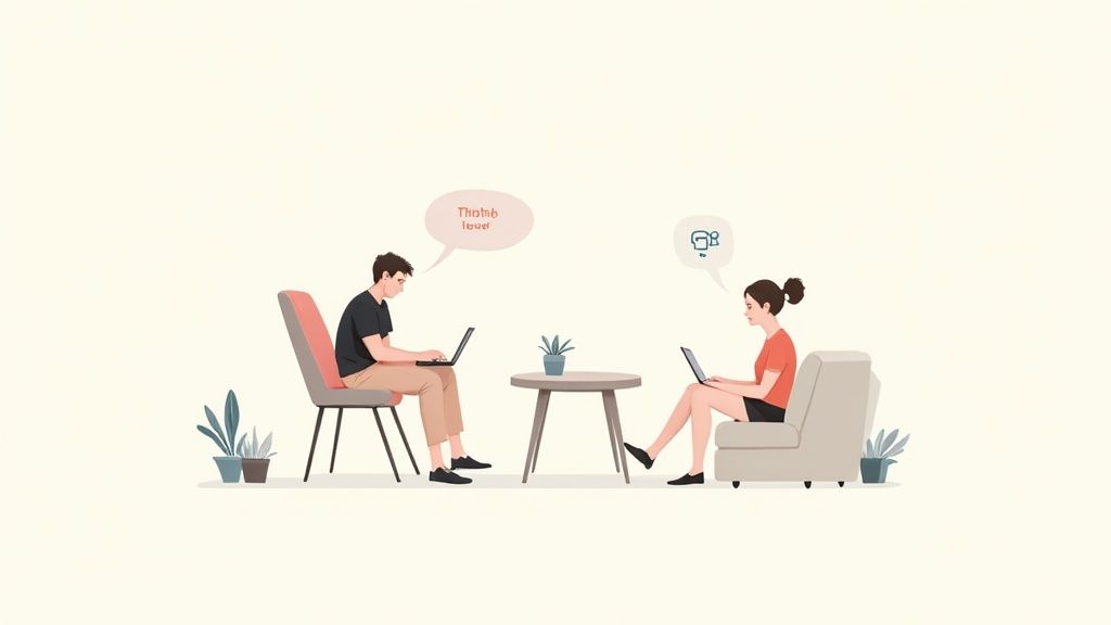 Two people conduct a remote usability test, working on laptops with speech bubbles indicating communication.