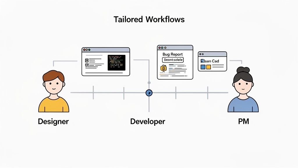 Illustration of a tailored workflow showing a Designer, Developer, and PM collaborating on different tasks.