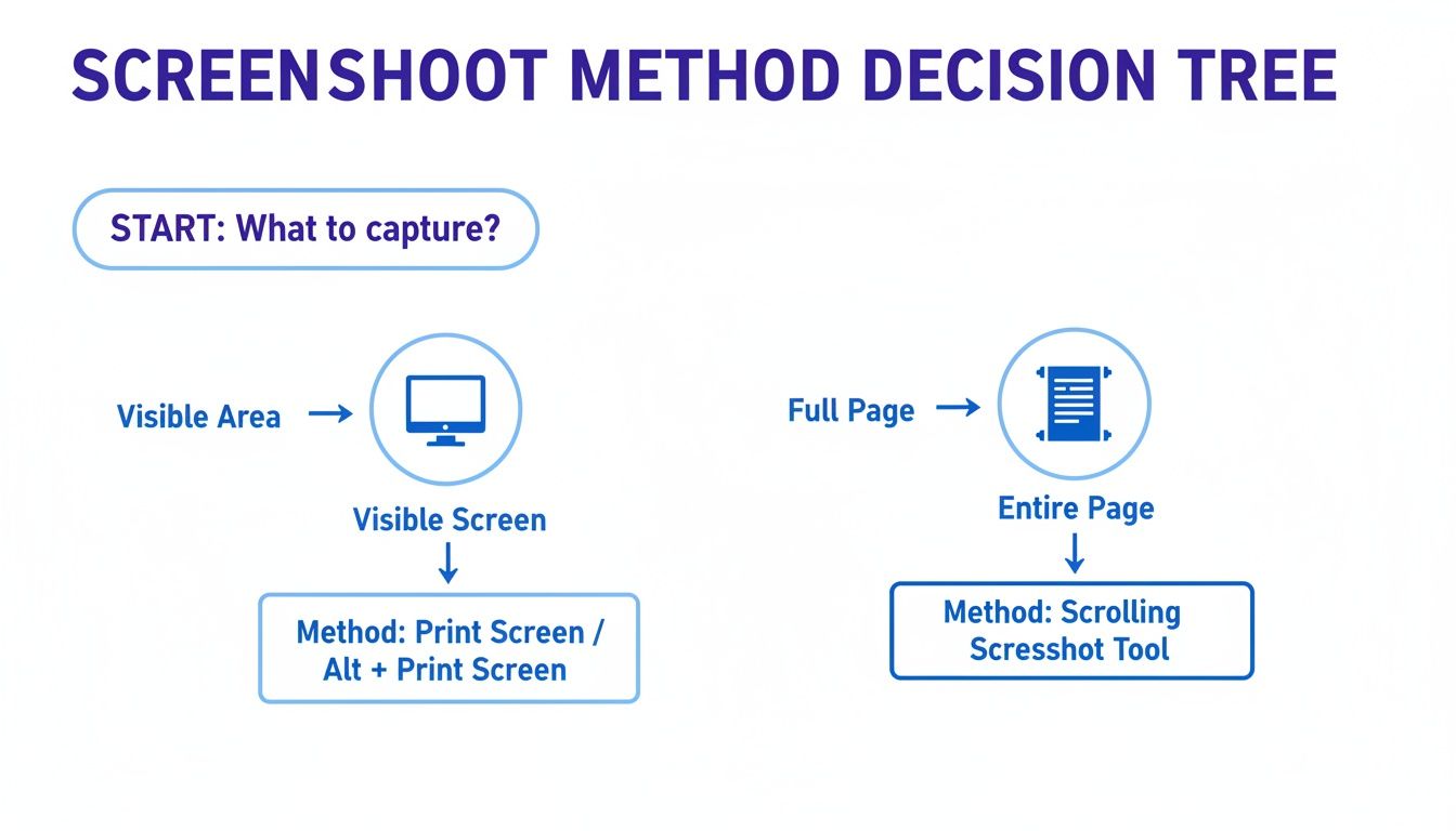 Decision tree illustrating screenshot methods for visible screen (Print Screen) and entire page (Scrolling Tool).