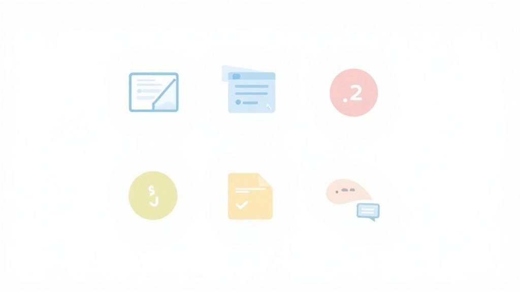 A grid of six minimal, soft-colored icons representing documents, tasks, notifications, and communication elements.