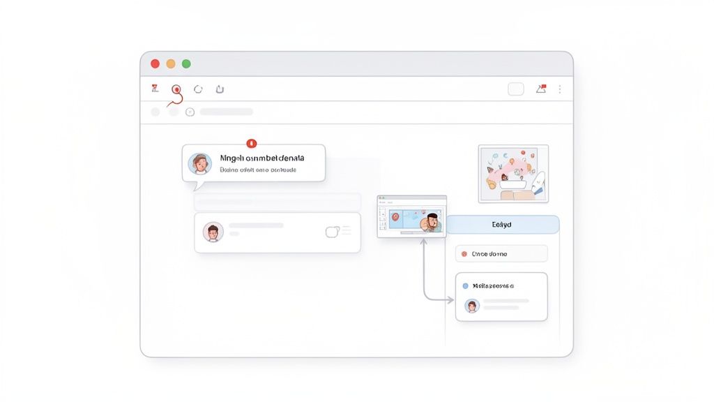A clean, modern browser interface displaying a digital approval workflow diagram with chat bubbles and document sharing.