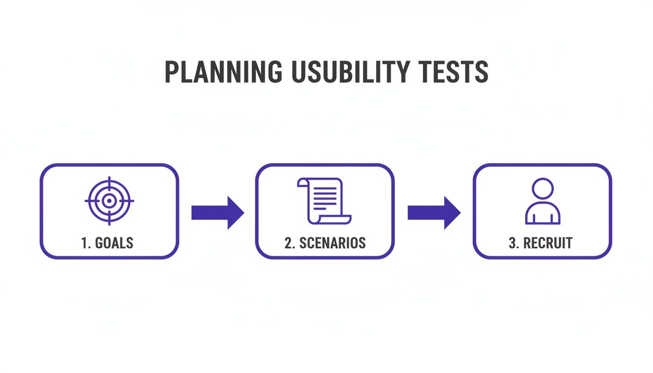 Flowchart illustrating the three steps for planning usability tests: goals, scenarios, and recruit.