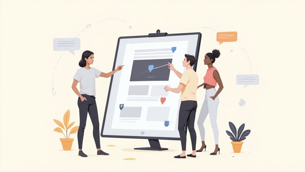 Three diverse people collaborate on a large digital screen, pointing at content and design elements.