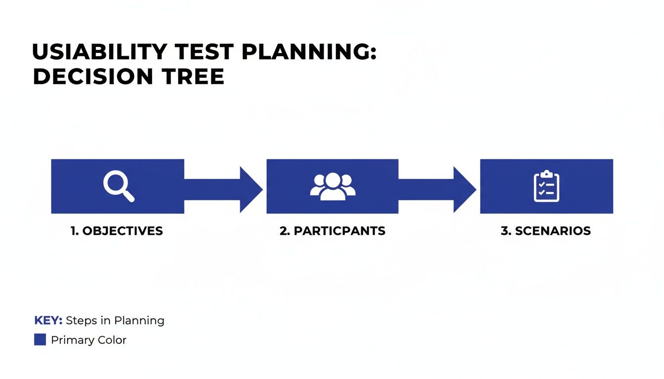Flowchart illustrating a usability test planning decision tree with steps for objectives, participants, and scenarios.