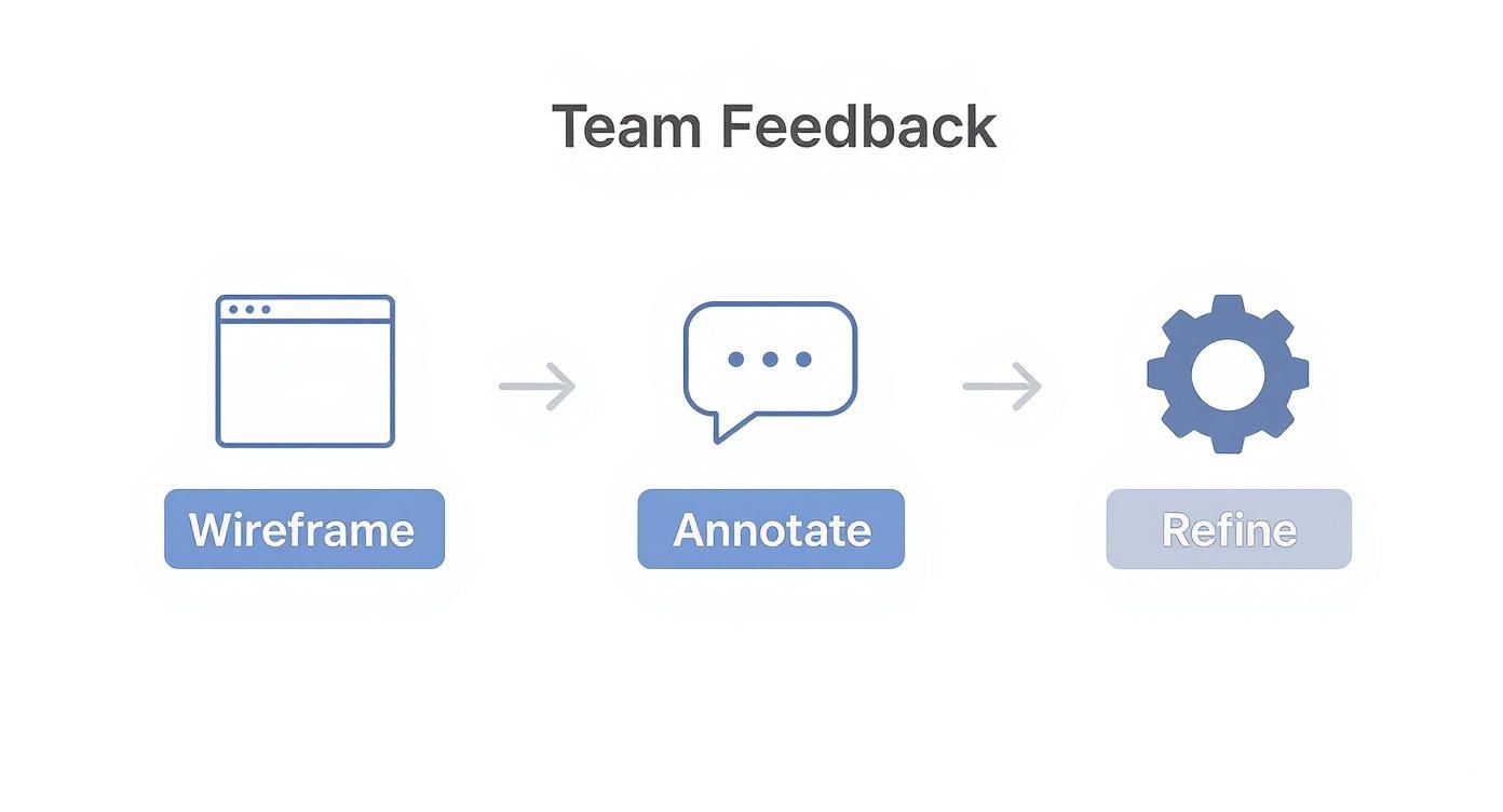 A diagram titled 'Team Feedback' showing a three-step process: Wireframe, Annotate, Refine.