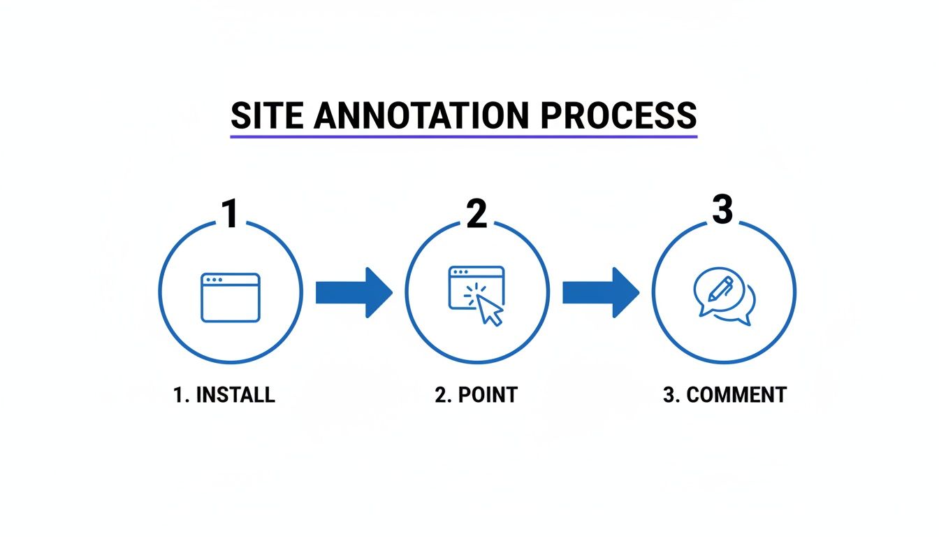 A diagram illustrating the three-step site annotation process: install, point, and comment with icons.