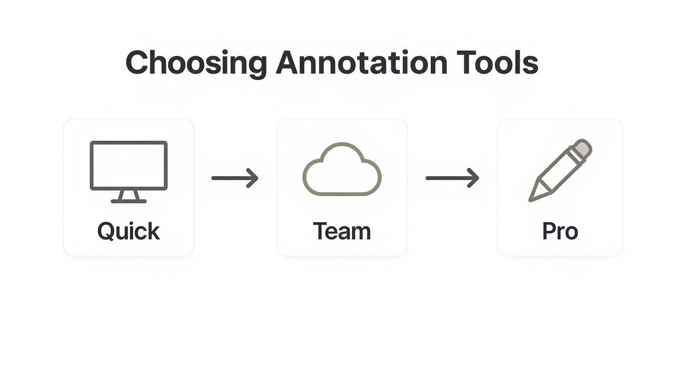A flow diagram illustrating three types of annotation tools: Quick (desktop), Team (cloud), and Pro (pencil).
