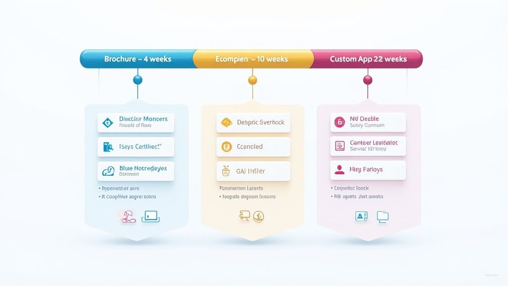Website development timeline template showing three project phases: brochure, ecommerce, and custom app with deliverables