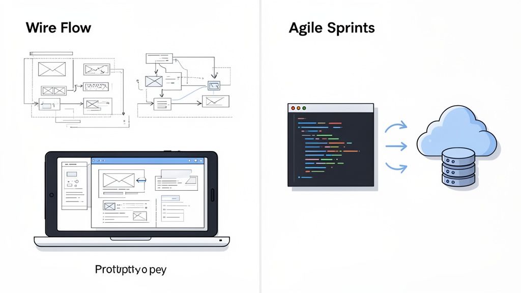 Wire flow diagrams, a laptop prototype, and agile development sprints with code, cloud, and database.