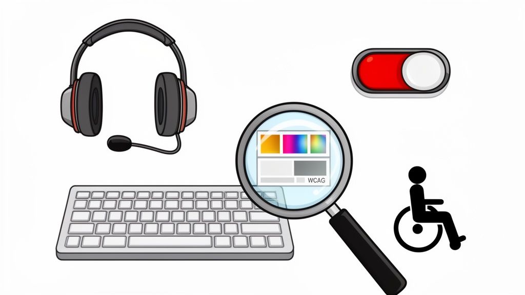 Icons representing web accessibility: headphones, keyboard, WCAG color checker, toggle switch, and a wheelchair symbol.