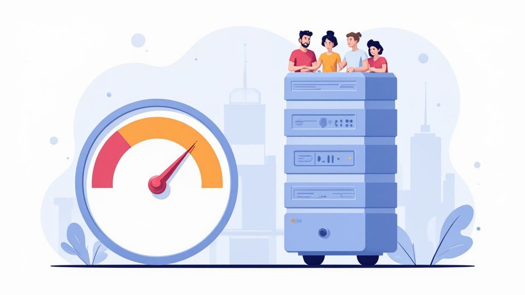 Digital illustration depicting high performance indicated by a gauge and server racks with a team.