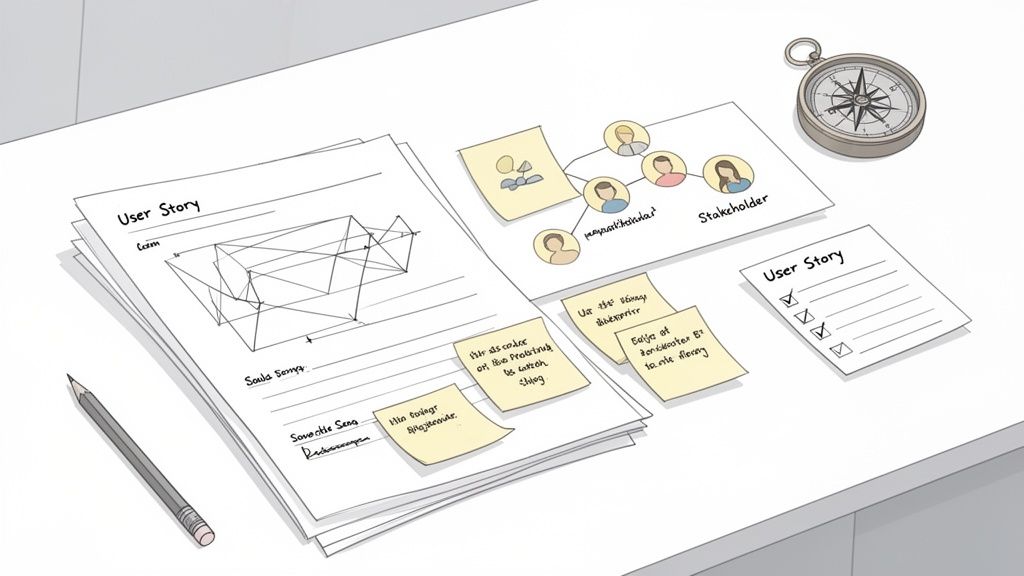 Desk with user story documents, stakeholder maps, sticky notes, and a compass for project planning.