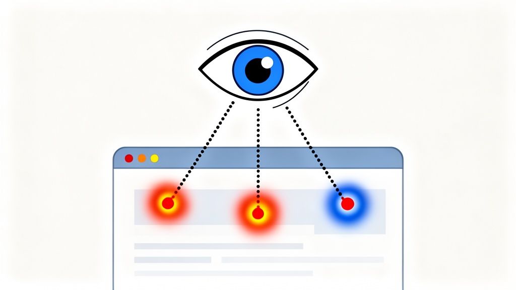 An eye tracks user focus on a web page, indicating attention with red and blue heatmap points.