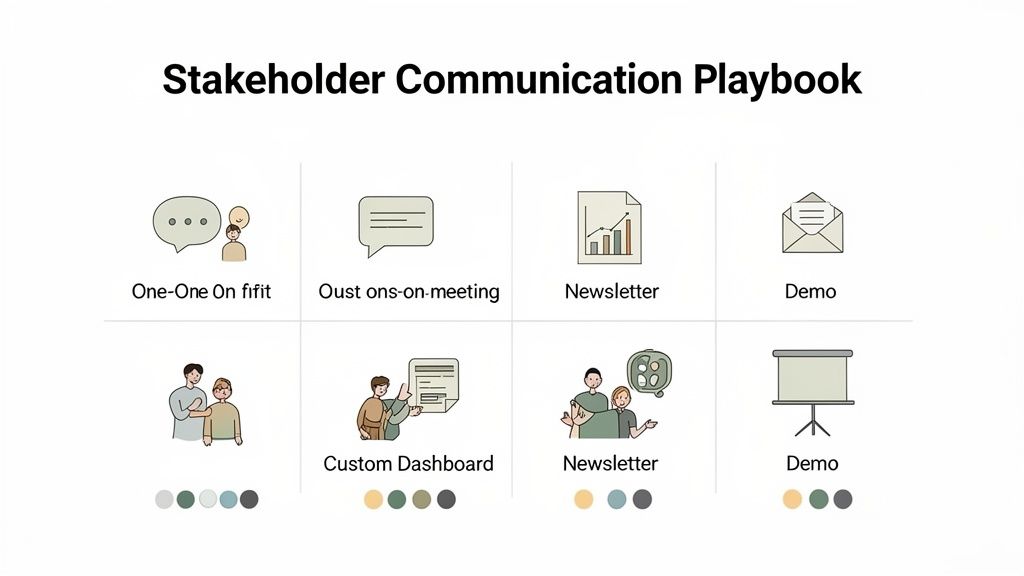 A stakeholder communication playbook illustrating eight different communication methods with icons and descriptions.