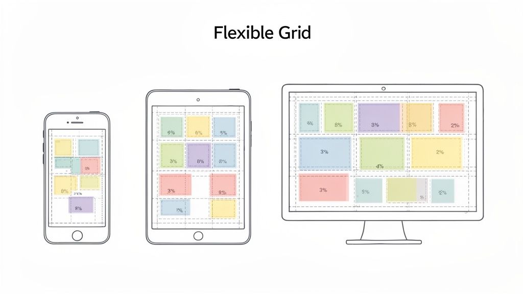 A flexible grid layout adapts content across a smartphone, tablet, and desktop screen, showcasing responsive design.