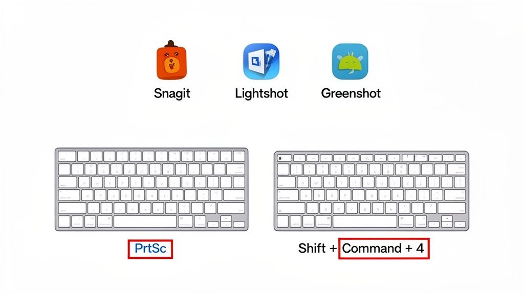 Comparison of screenshot tools Snagit, Lightshot, Greenshot, and keyboard shortcuts PrtSc and Shift+Command+4.