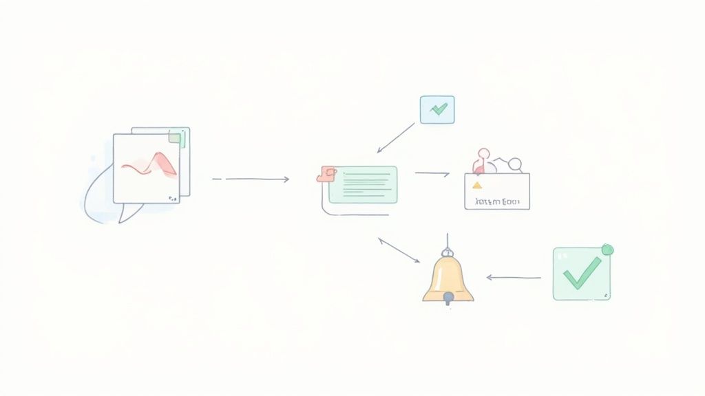 A diagram illustrating a feedback or workflow process with documents, tasks, approvals, and notifications.