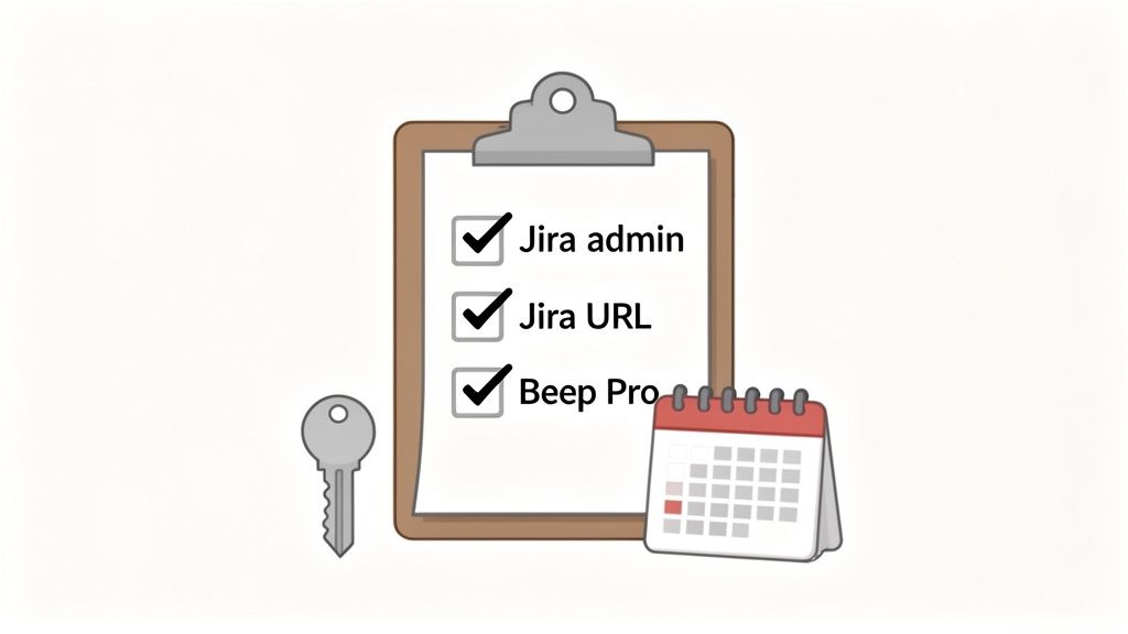A clipboard with a checklist showing checked items for Jira admin, Jira URL, and Beep Pro, next to a key and a calendar.