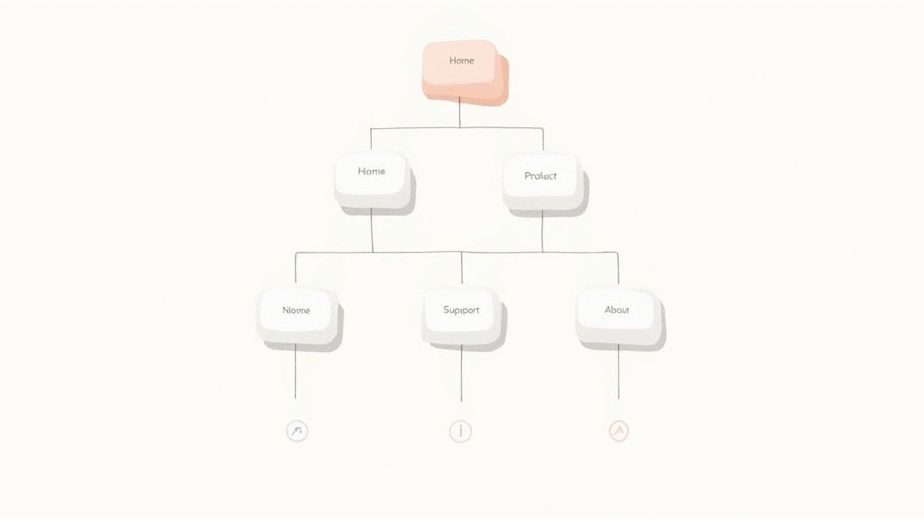 A sitemap diagram illustrating website hierarchy with pages like Home, Product, Nioome, Support, and About.