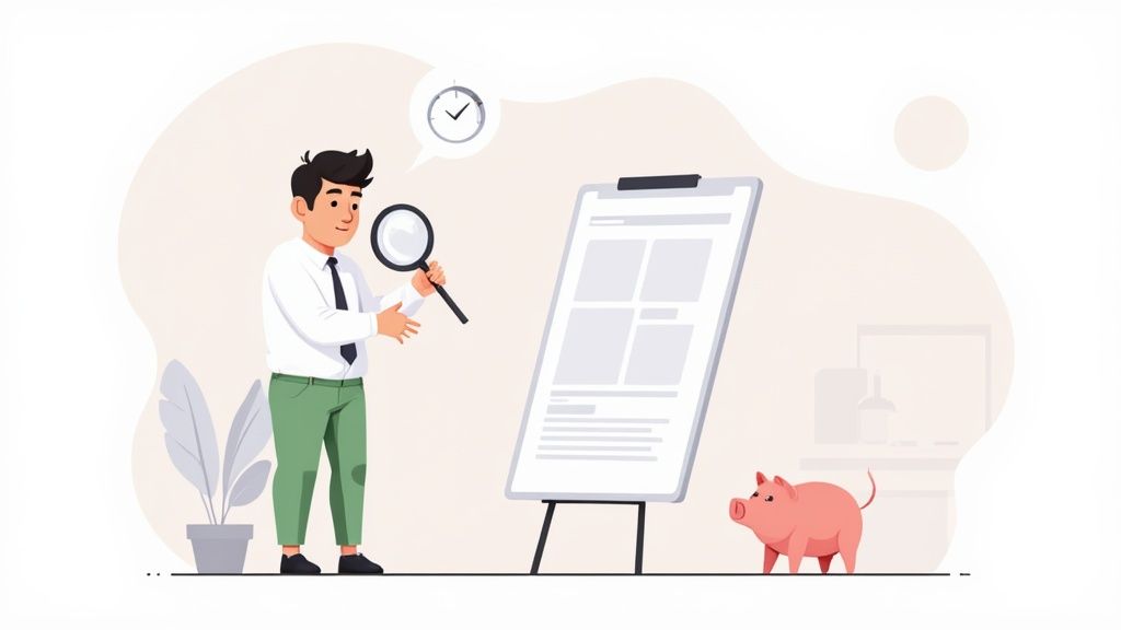 A man with a magnifying glass examines a whiteboard, with a clock and pig, symbolizing evaluation.