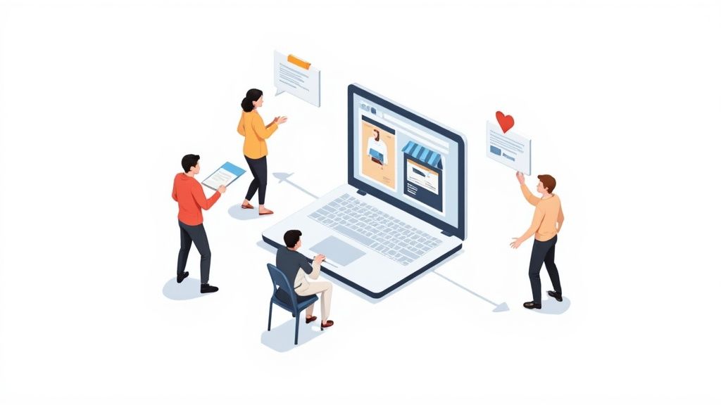 Isometric illustration of users collaborating and providing feedback on an e-commerce website displayed on a laptop.