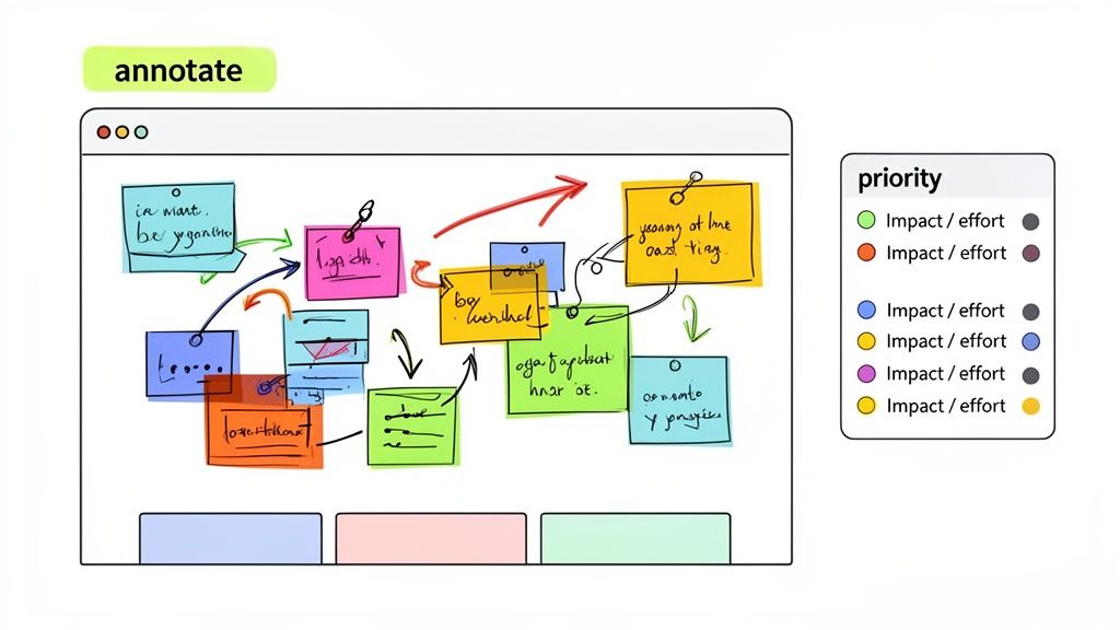 A web page diagram with colorful sticky notes, task flows, and a priority legend for usability planning.