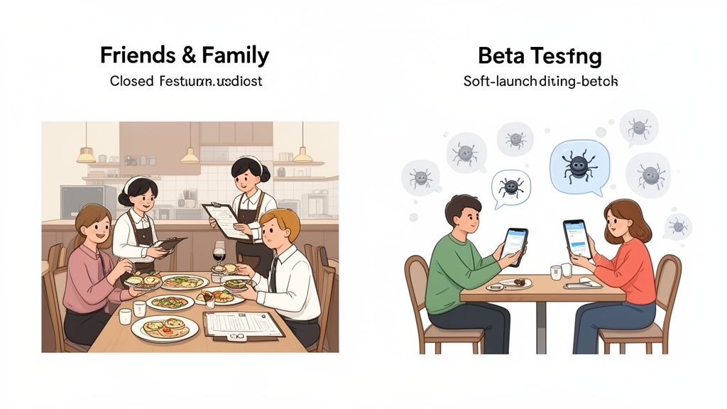 Illustration showing friends and family enjoying a service (alpha) and users finding bugs (beta testing).