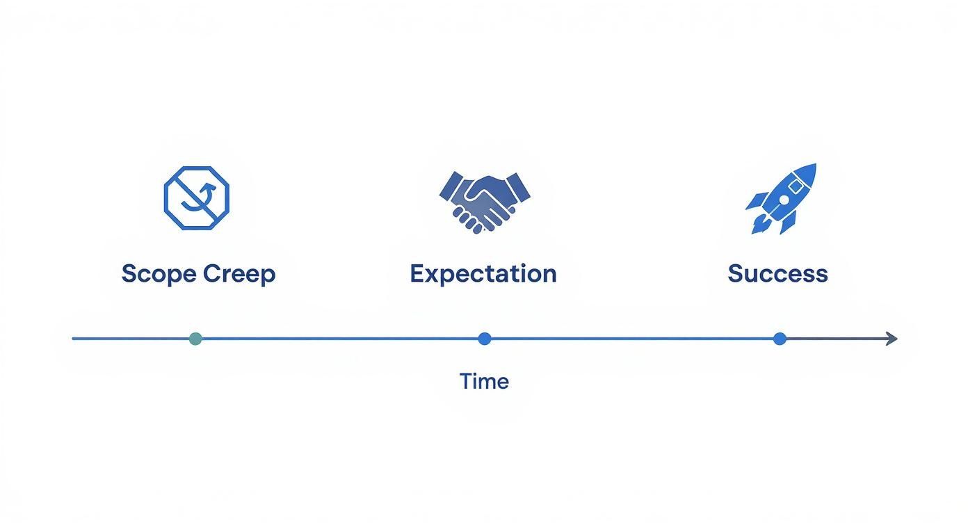 Timeline diagram showing three project phases: scope creep, expectation, and success milestones over time