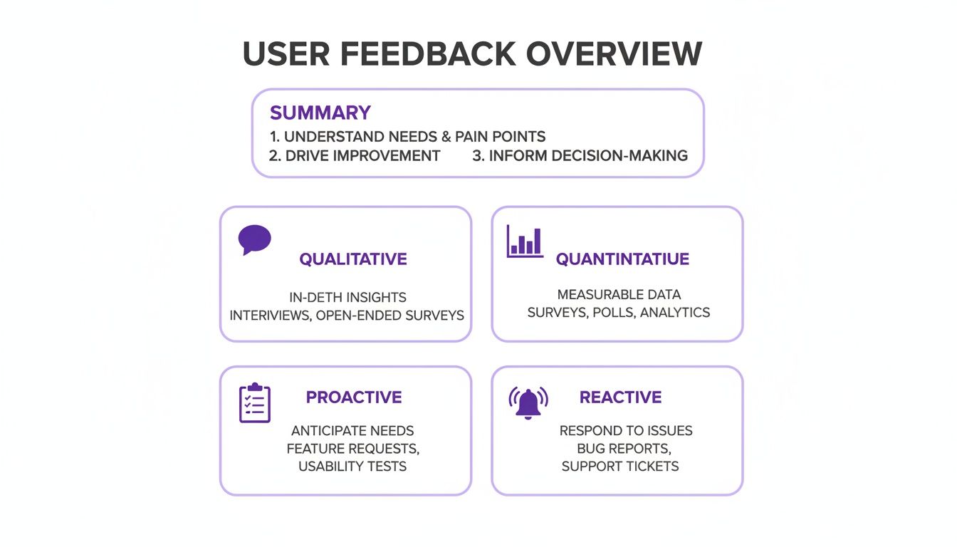 An overview of user feedback types and methods, including qualitative, quantitative, proactive, and reactive approaches.