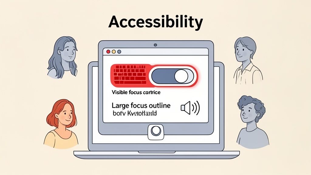 An illustration showing a laptop with accessibility settings like 'Visible focus' and 'Large focus outline', surrounded by four diverse users.
