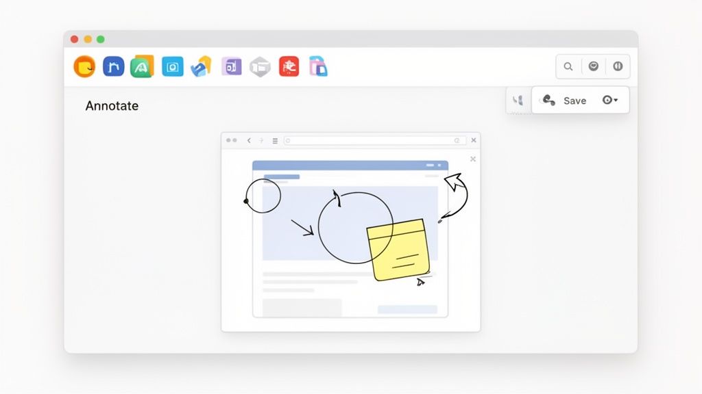 A web browser showing an annotated webpage with hand-drawn circles, arrows, and a yellow sticky note.
