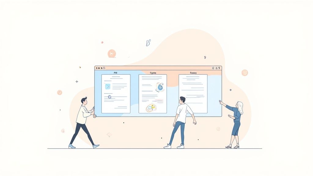 Three professionals collaborating on web development project workflow displayed on large digital interface screen