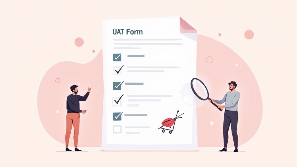 Two men reviewing a large User Acceptance Test (UAT) form with checked items, one using a magnifying glass.